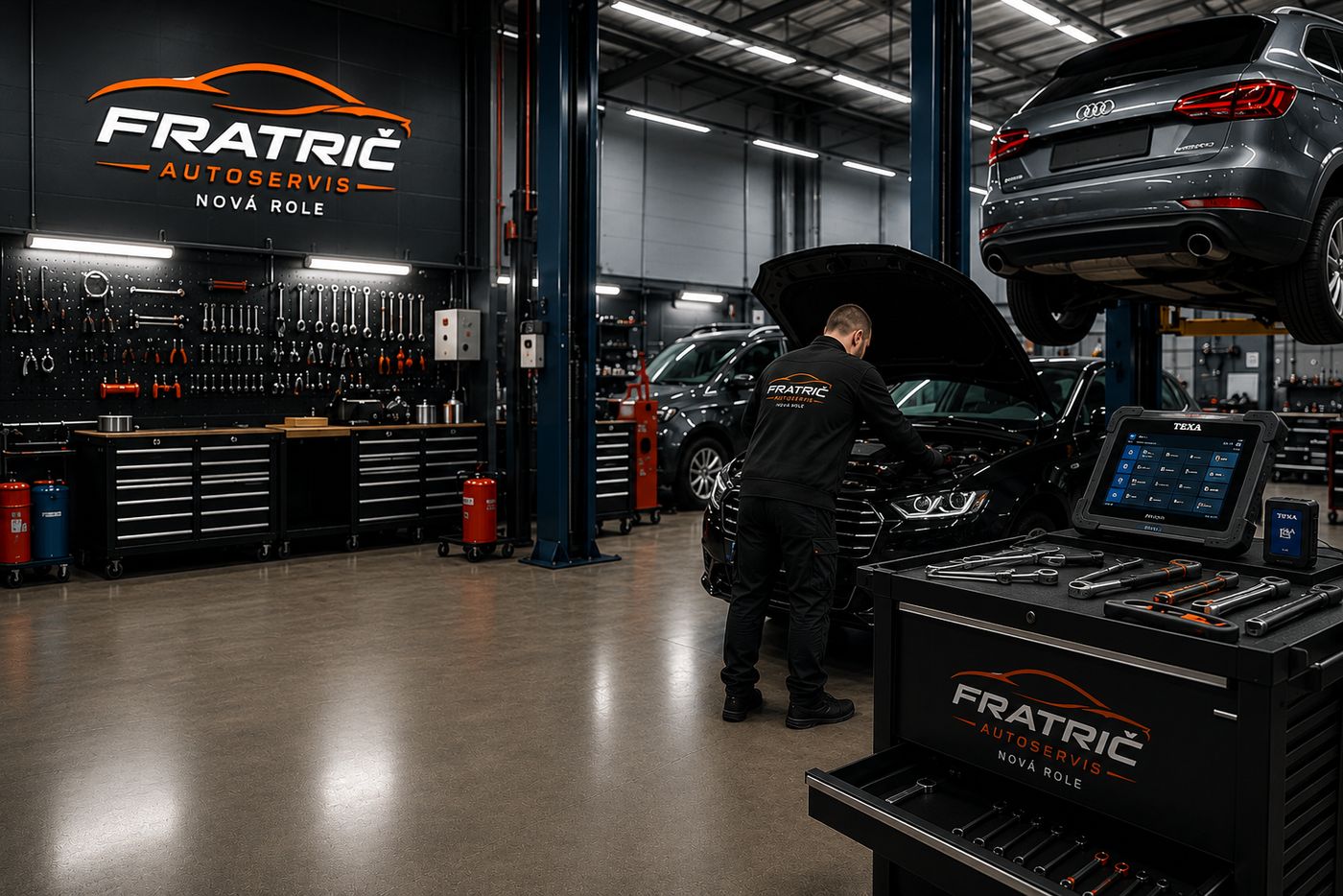 Dílna Autoservisu Fratrič v Nové Roli – mechanik u vozu, zvedáky, diagnostika TEXA